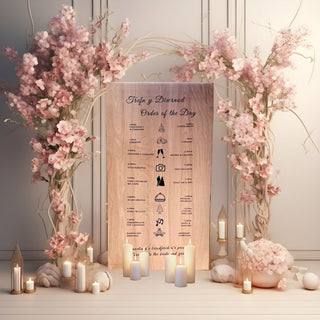 Bilingual Natural Wooden Wedding Order of the Day Sign – Welsh & English